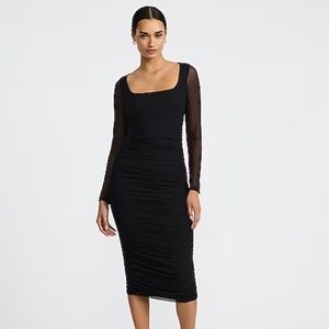 Express Mesh Square Neck Long Sleeve Ruched Midi Dress